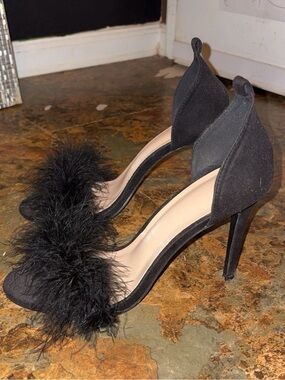 Black Feather Trim High Heel Sandals - Women